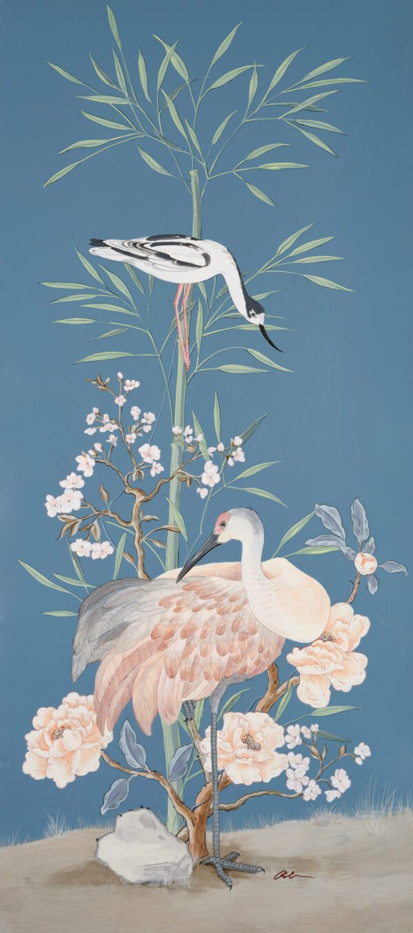 A "More Than Birds" Chinoiserie egret heron triptych painting amidst vibrant flowers on a serene blue background.