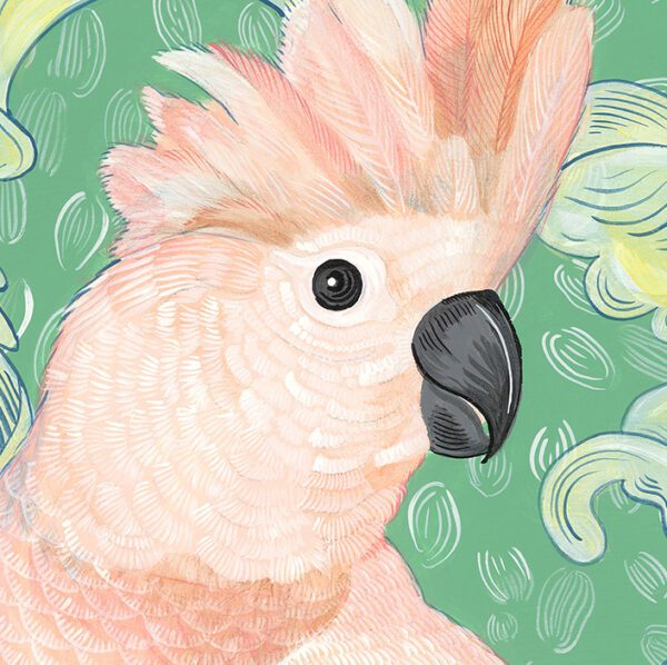 A "Happily Feather After" pink cockatoo parrot painting on a green background.