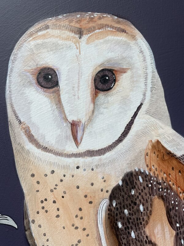 A stunning "Owl Night Long" barn owl painting on a captivating black background.