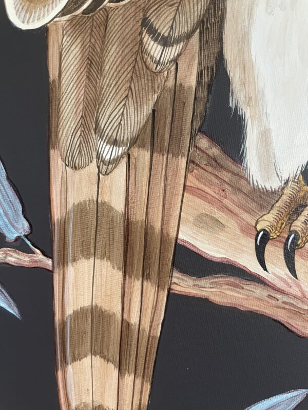 A painting of an owl perched on a branch, depicting a "Hawk on Wood" Cooper's hawk painting.