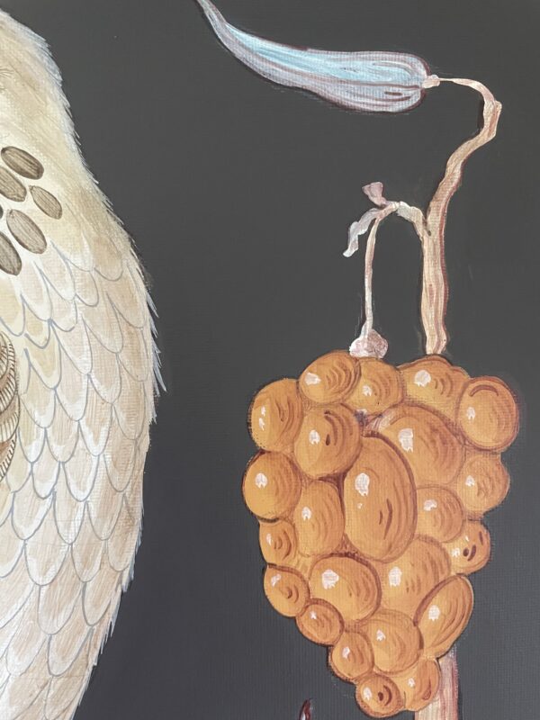 A stunning "Hawk on Wood" Cooper's hawk painting featuring a colorful cockatoo surrounded by luscious grapes.
