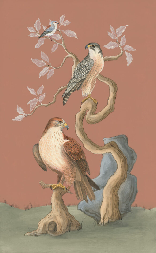 The-Powers-That-Three-hawk-falcon-Chinoiserie-painting-by-Allison-Cosmos