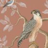 A painting of a falcon and a bird on a tree branch.