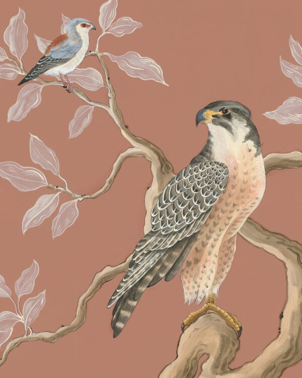 A painting of a falcon and a bird on a tree branch.