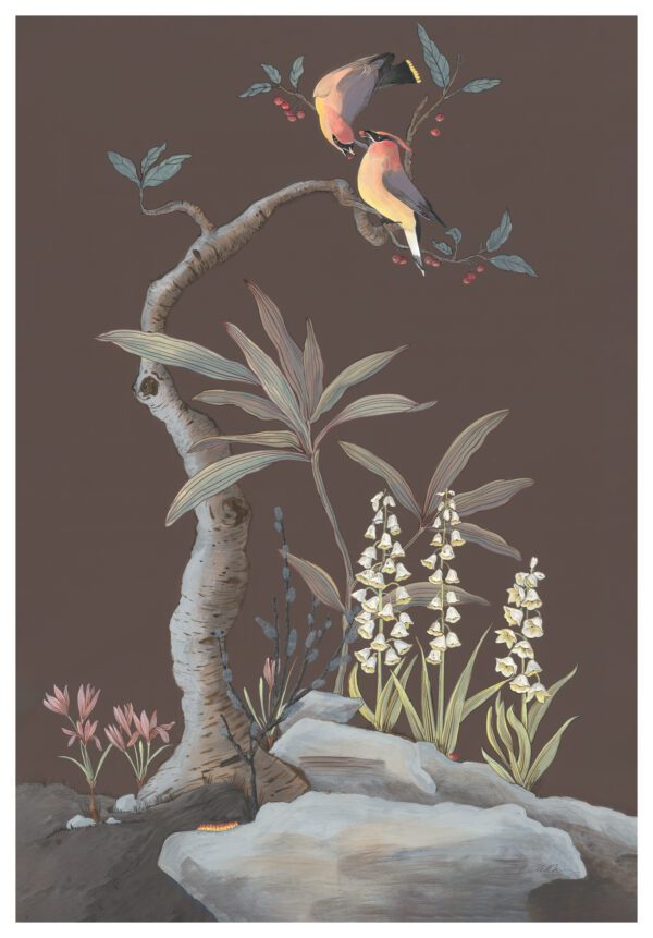 Rite-of-spring-cedar-waxwing-Chinoiserie-painting-by-Allison-Cosmos