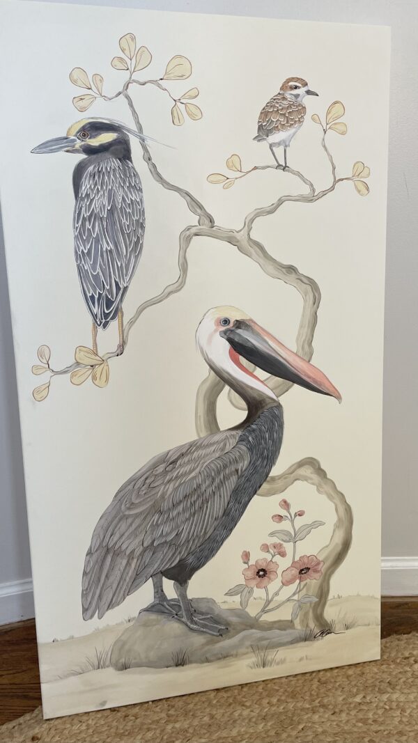 stand-by-me-pelican-heron-painting-by-Allison-Cosmos