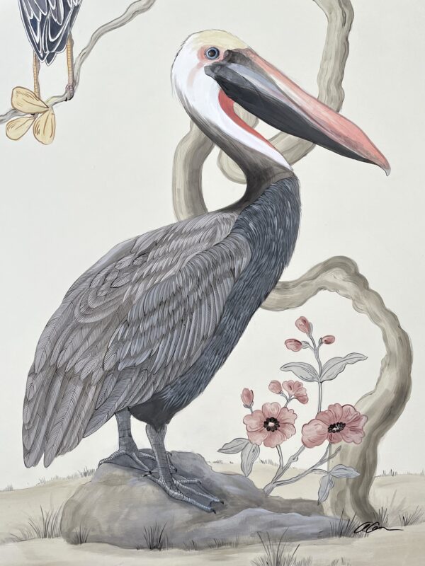 stand-by-me-pelican-heron-painting-by-Allison-Cosmos