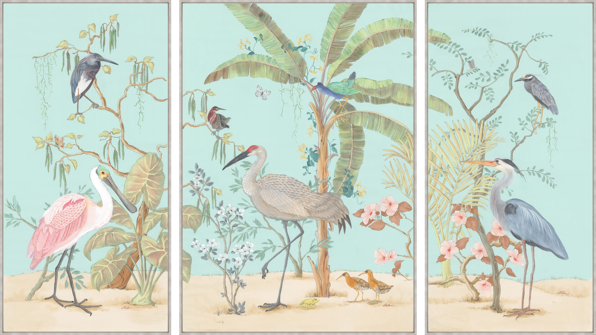 Marsh-Madness-Coastal-egret-heron-spoonbill-triptych-by-Allison-Cosmos