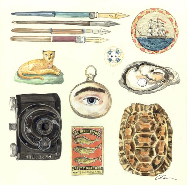 Lost-and-found-vintage-collectibles-antique-curiosities-painting-by-Allison-Cosmos