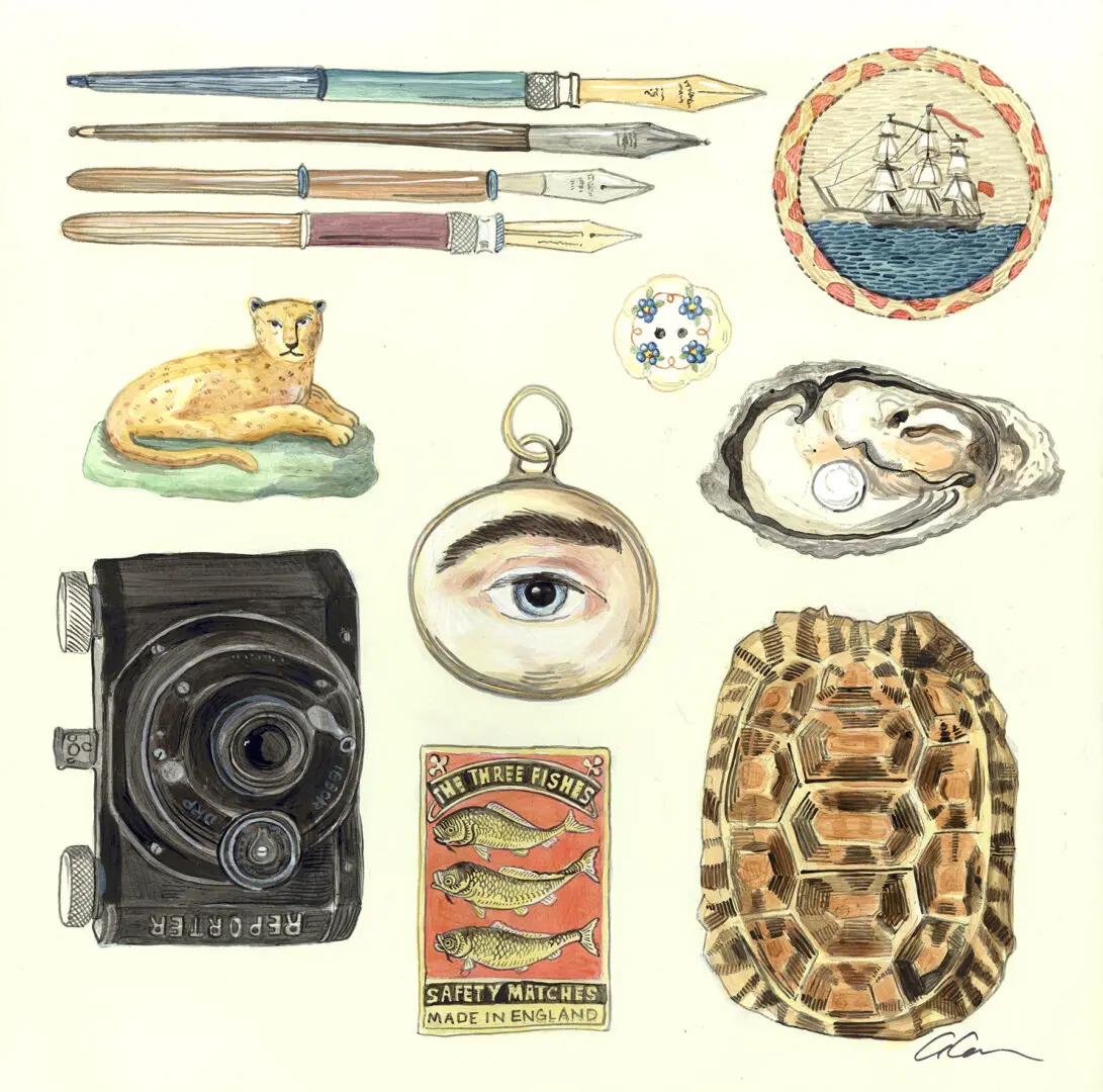 Lost-and-found-vintage-collectibles-antique-curiosities-painting-by-Allison-Cosmos