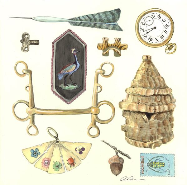 scavenger-hunt-collectible-antique-treasures-curiosities-painting-by-Allison-Cosmos