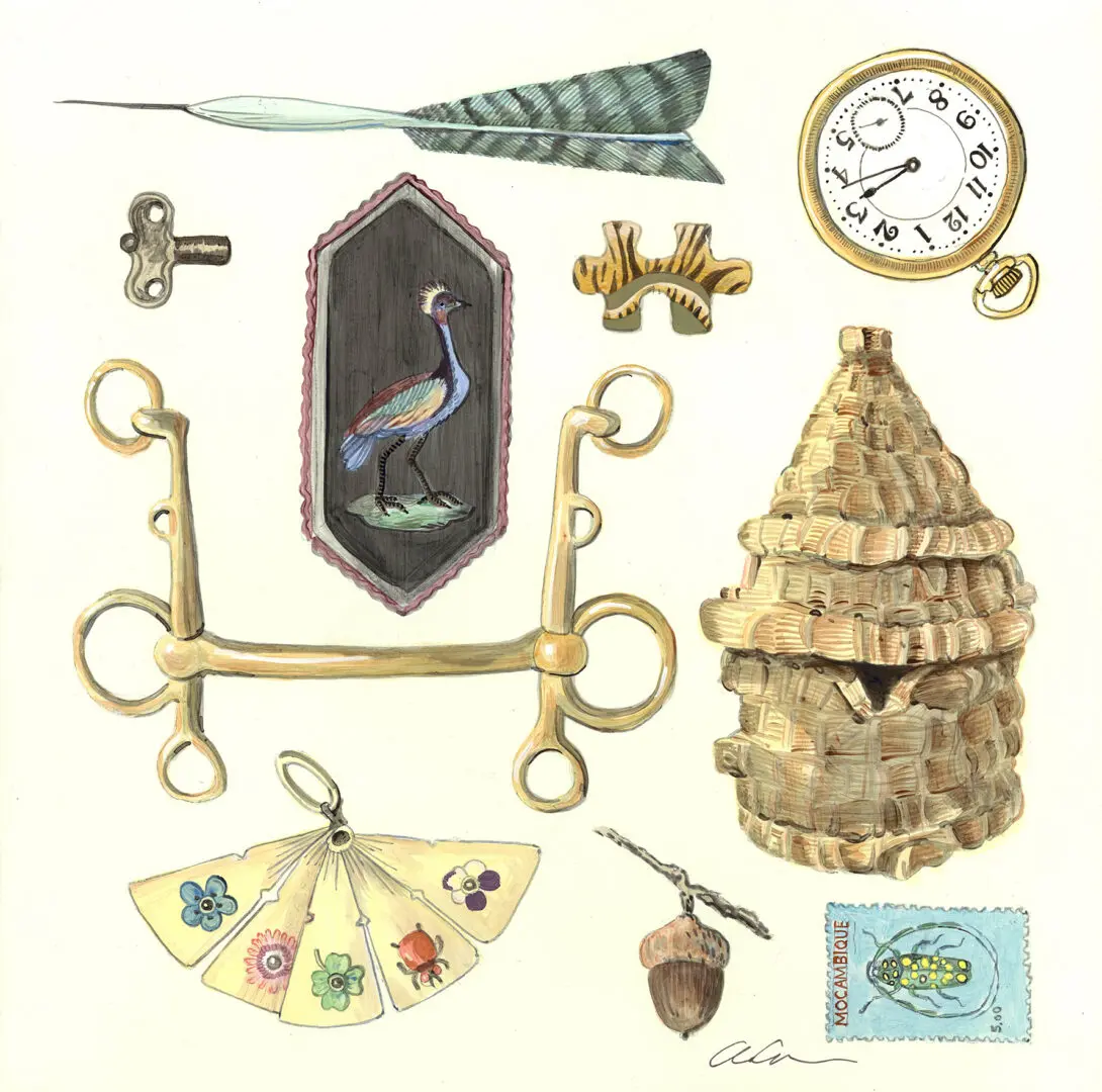 scavenger-hunt-collectible-antique-treasures-curiosities-painting-by-Allison-Cosmos