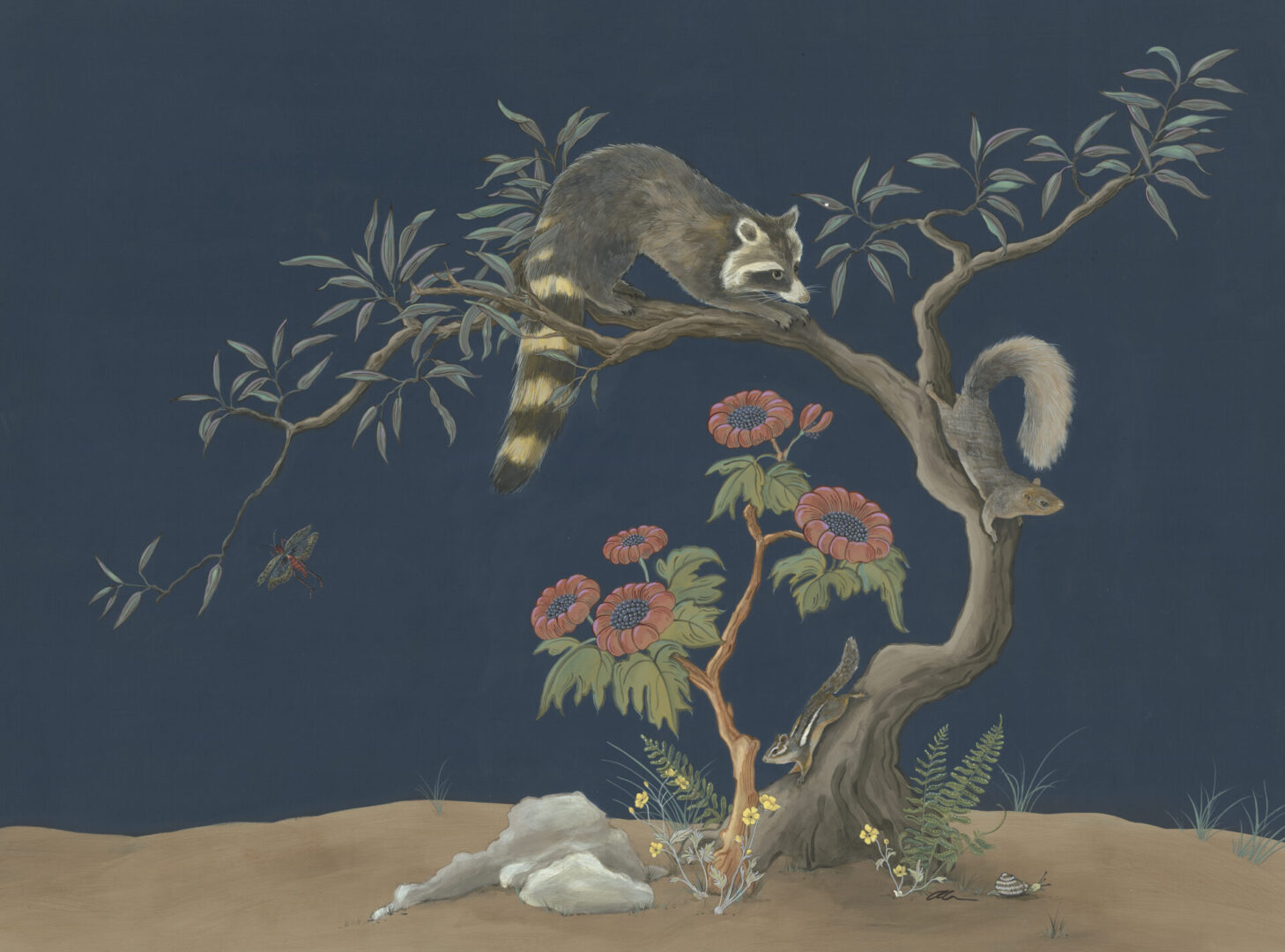 Tailblazers-Chinoiserie-painting-forest-scene-raccoon-squirrel-chipmunk-by-Allison-Cosmos